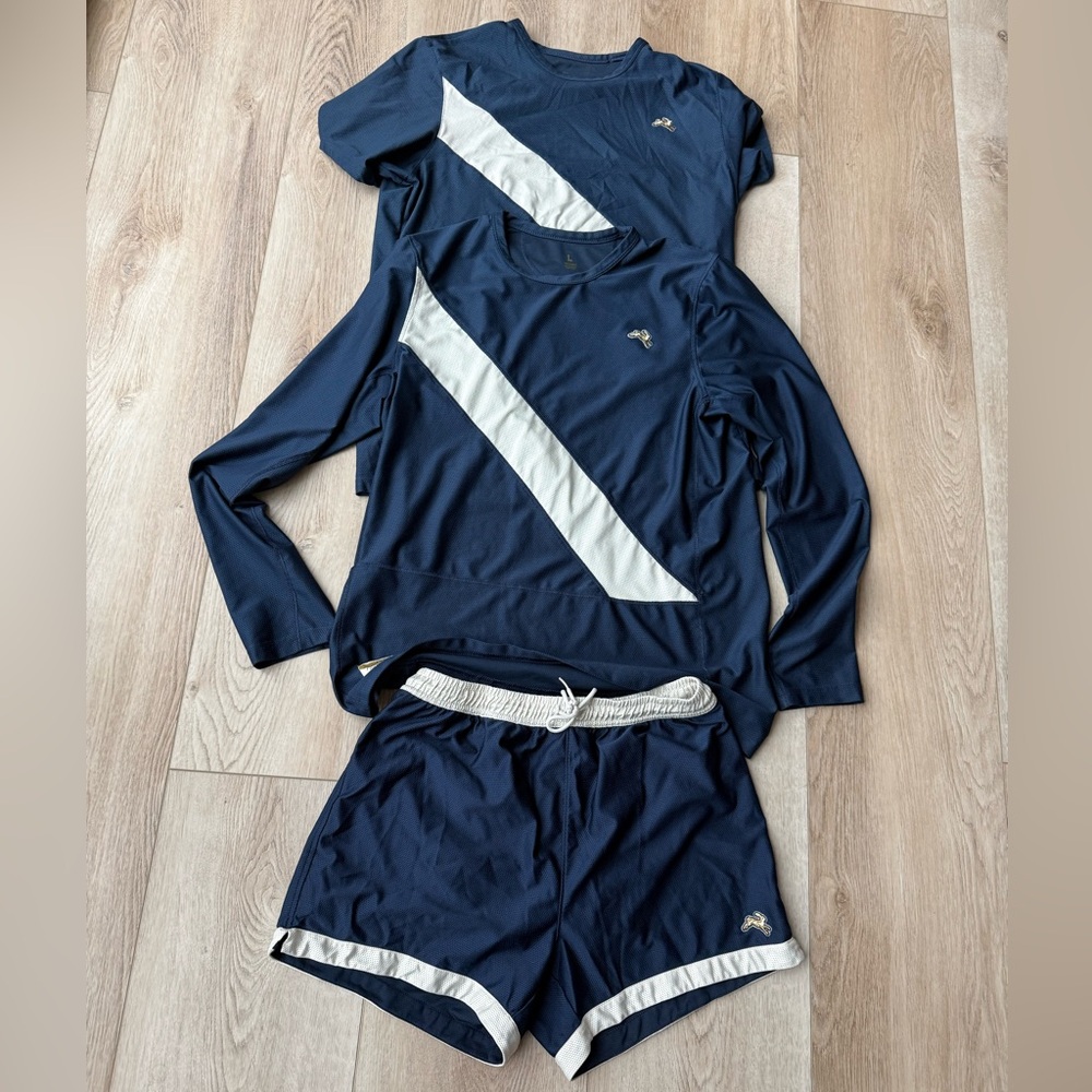 Men’s Tracksmith Navy Blue Running Kit (Large Tops & Medium Shorts)